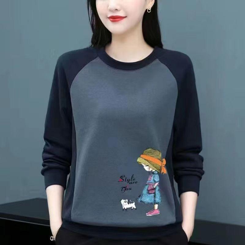 

Pure Cotton Long-Sleeved T-Shirt for Women, New Style for Spring and Autumn, Stylish Large Size Printed Round Neck Sweatshirt, Inner Layer Top Gray Blue Little Girl on the Left 4XL