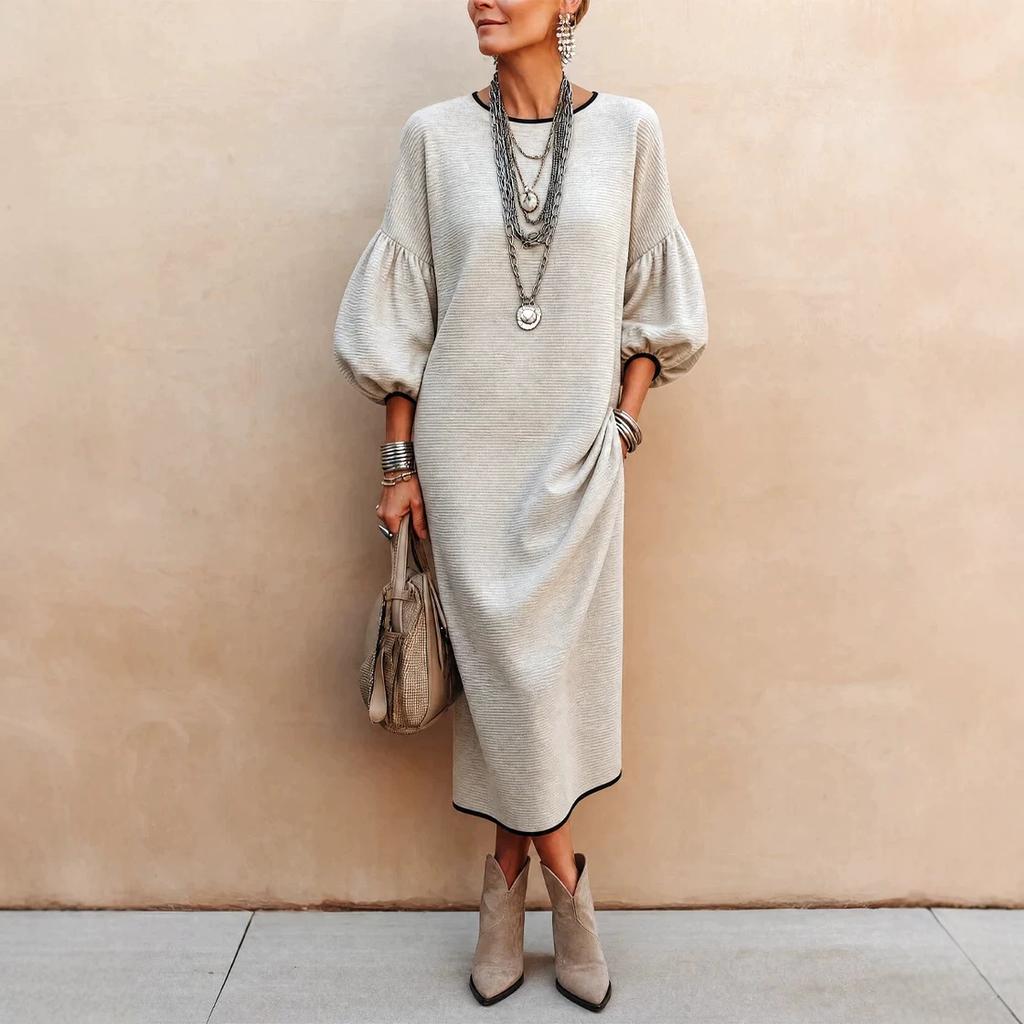 Women Contrast Trim Round Neck Lantern Sleeve Maxi Dress with Pockets Solid Color Casual Loose Fit Dress