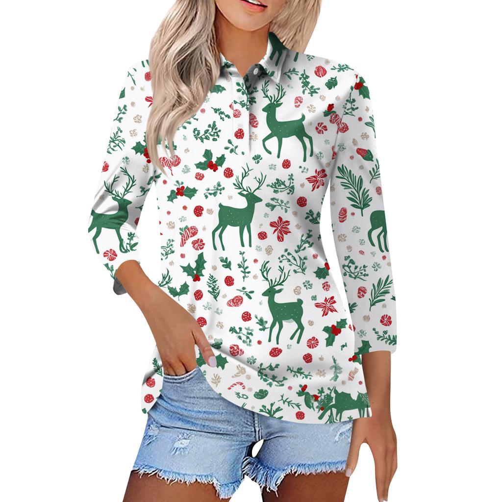 Women's Fashion Casual Button 3/4 Sleeve Vintage  Print Lapel Top