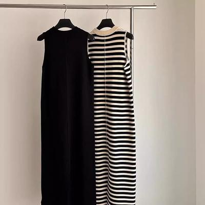 Vintage Color Block Striped Sleeveless Knitted Dress for Women - Summer High Waist Loose Fit
