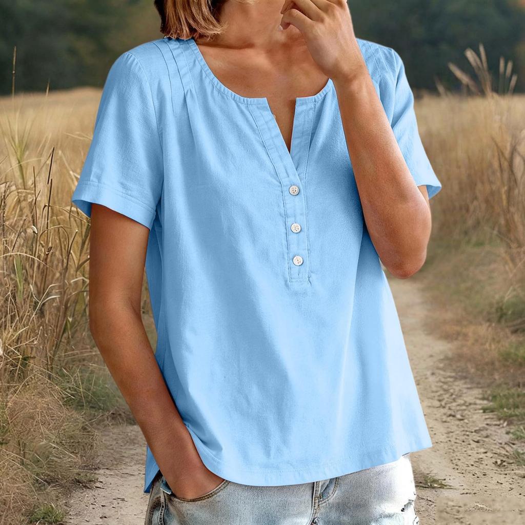 Women Loose Fit Casual Short Sleeve Button Down Shirt Cotton Linen Top with Relaxed Neckline for Everyday Wear