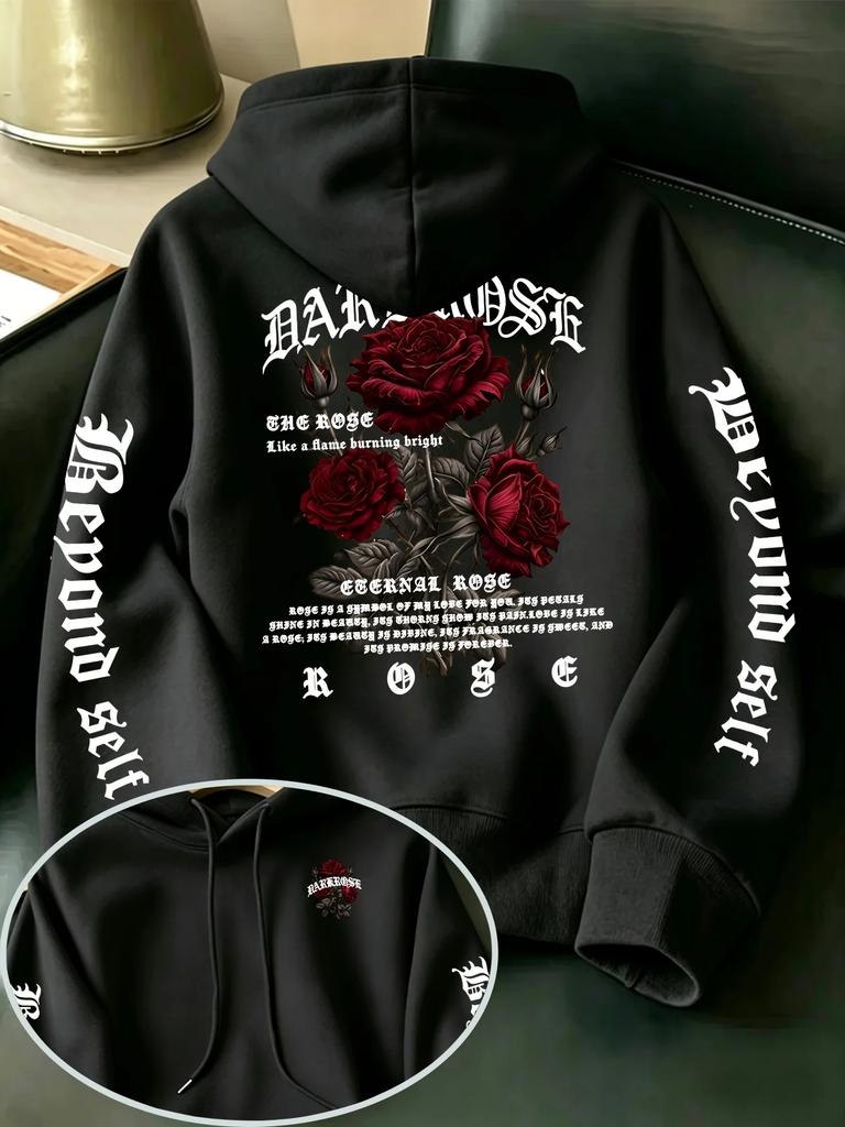 Men's Gothic Rose Hoodie Dark Red Rose Letter Graphic Back Sleeve Print Vintage Oversized Pullover Sweatshirt Streetwear Autumn