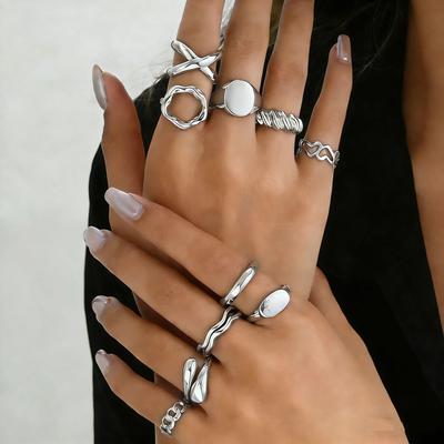 10 Stück Set Vintage Hip Hop Geometrische Ring Sets für Damen Herren Weiblich Übertrieben Verstellbarer Ring Fingerringe Y2K Schmuck Geschenk