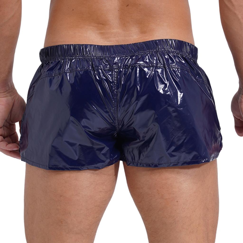 Pánské šortky s nízkým pasem, design s bočním rozparkem, jednobarevné, slim fit, lesklé trenýrky, plavky na plážovou párty u bazénu
