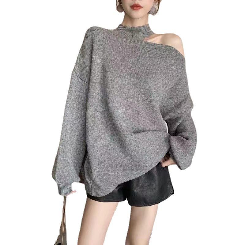 Hong Kong Style Halter Neck Off-Shoulder Sweater, Women's Medium-Long, 2026 Autumn/Winter New Arrival, Loose Sexy Knit Top