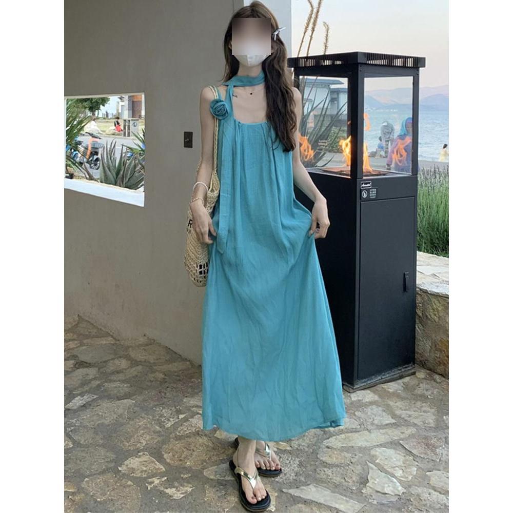 Women's summer lake blue neck sling dress dopamine bright Xinjiang wear seaside vacation beach dress