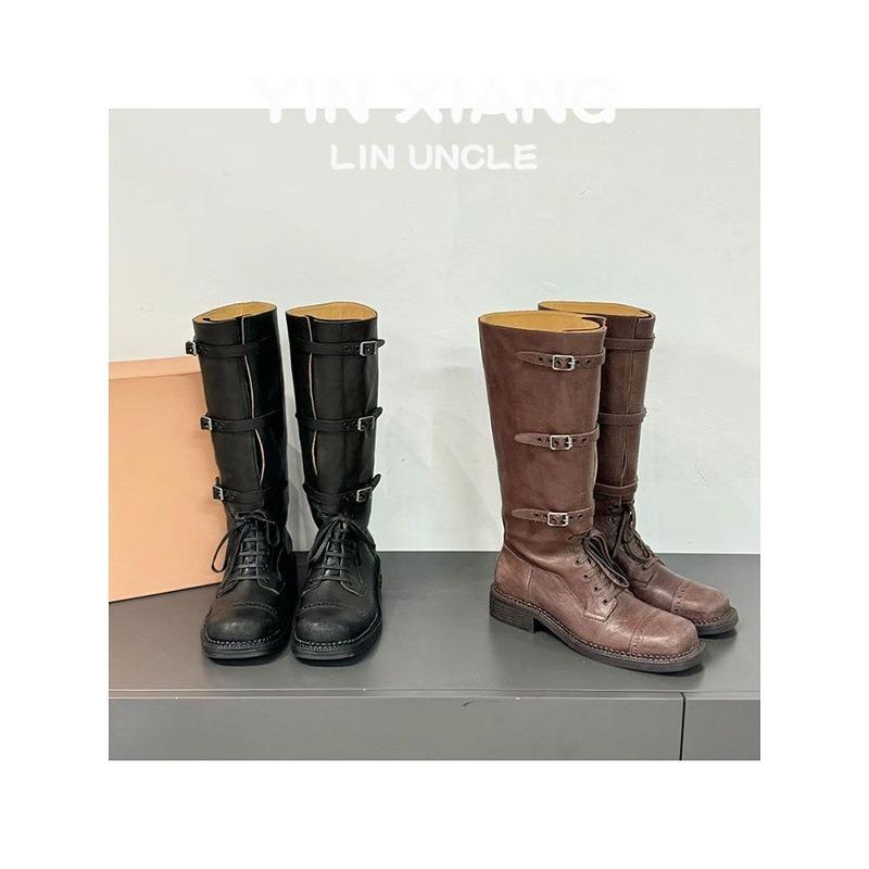 Cowhide version~ retro leather inner height increase 7cm boots fashion boots women's old knight boots belt buckle boots