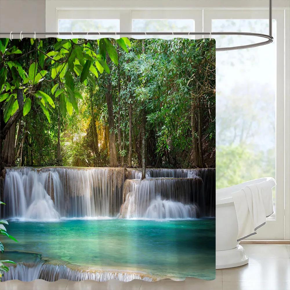 Tropical Forests Shower Curtain Aesthetic Woods Bird Fabric Bathroom Curtain Natural Scenery Home Decor Bathroom Accessories Set