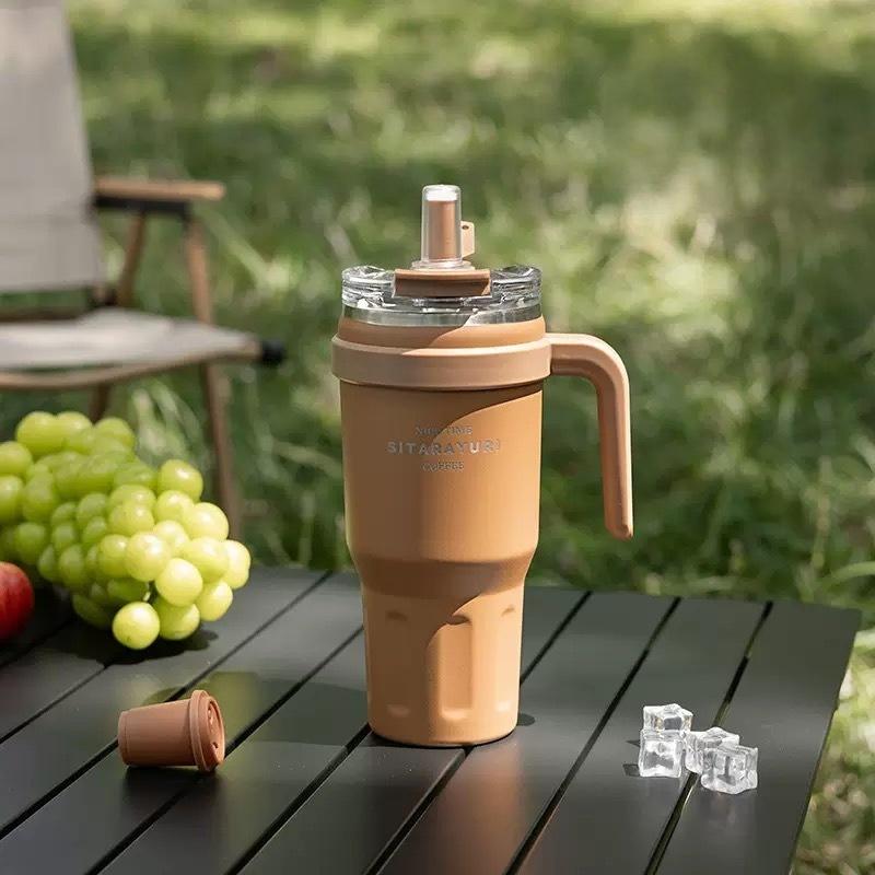 JUSTINLAU 1.1L Thermos Cup Stainless Steel Vacuum Flasks with Dust-proof Straw Cap Double-drink Car Cups Leak-proof Travel Mugs