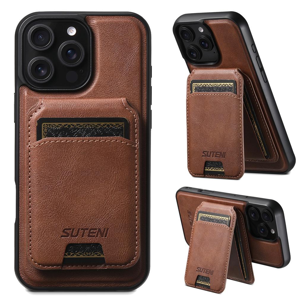 SUTENI M5 For iPhone 16 Pro Magnetic Case with Card Bag Cowhide Texture Leather Phone Back Cover
