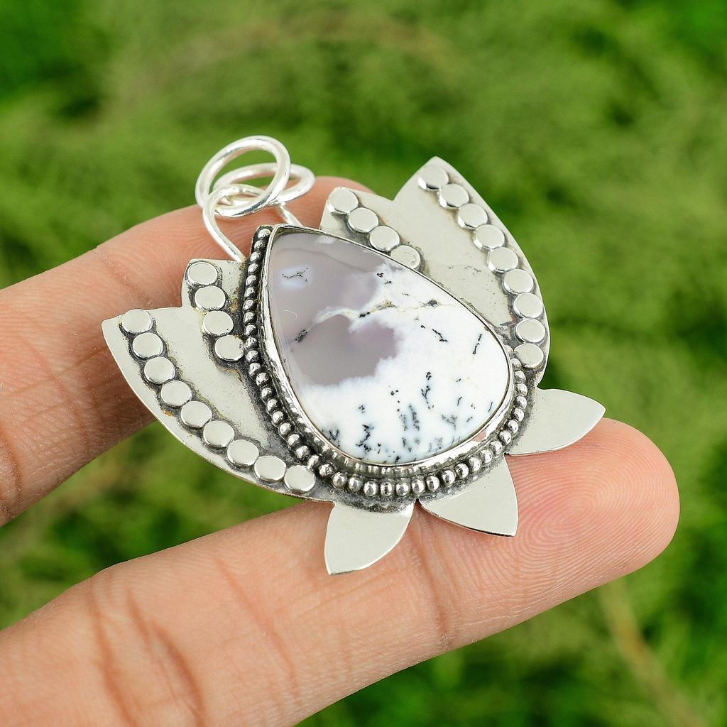 Daughters Day Deal Natural Dendrite Opal New Lotus Bezel Wife Pendant 925 Silver