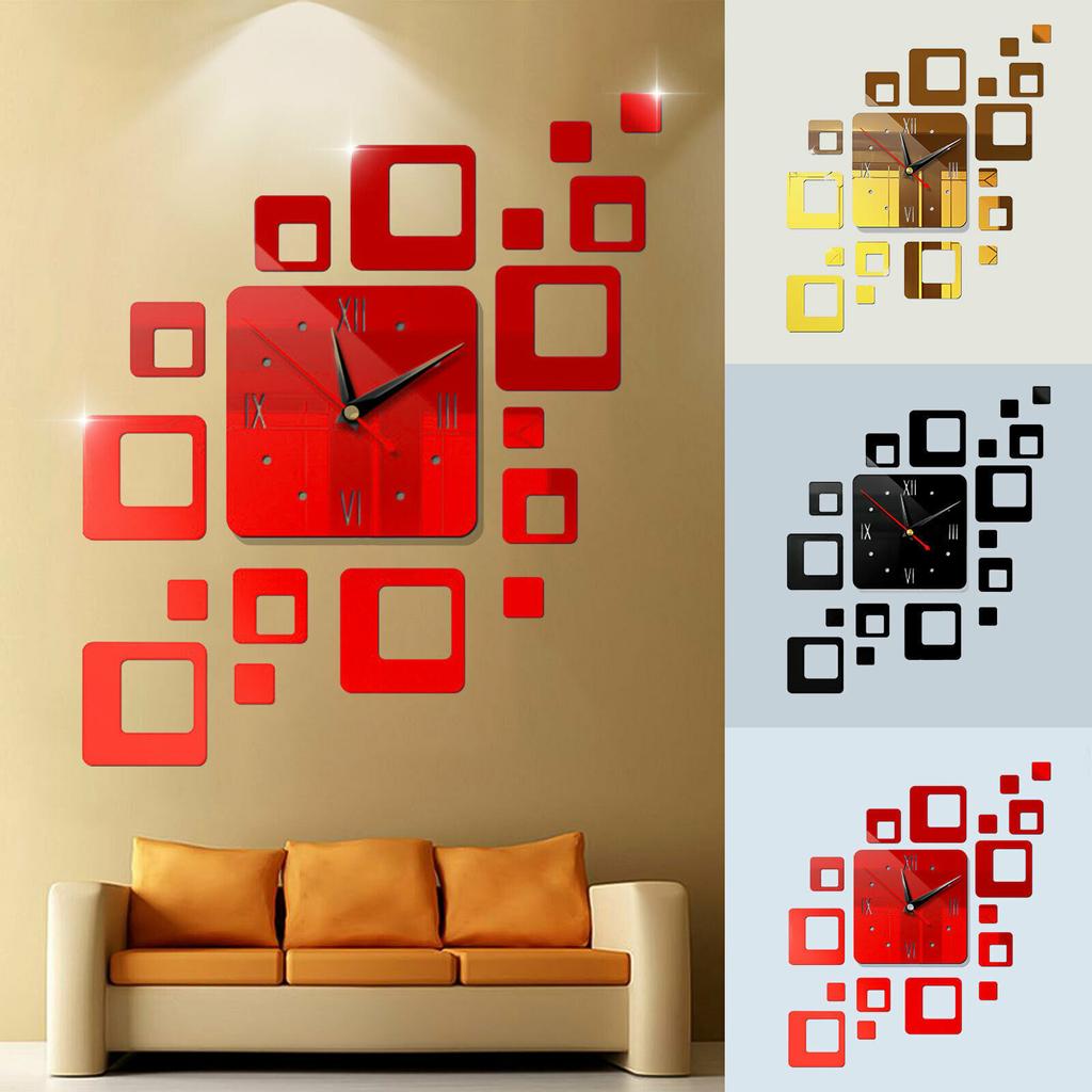 Home Clock Fashionable  Square Combination Clock Wall Decoration Clock Mirror Stickers, Mirror Wall Stickers, Suitable For Living Room, Study, Bedroom