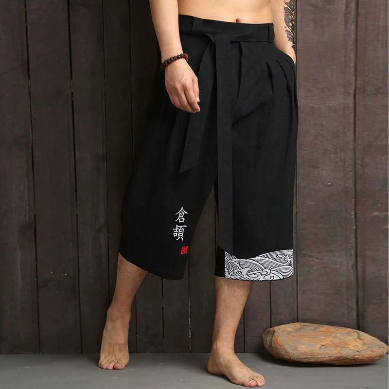 Chinese Style Retro Embroidered Straight Wide-leg Pants Men's Wide-leg Pants Cotton and Linen Cropped Pants Loose Summer Casual Pants