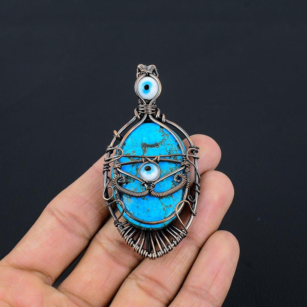 Tibetan Turquoise & White Evil Eye Pendant, 999 Copper Wire Wrapped Gemstone Jewelry, Handmade Pendant, For Thanksgiving
