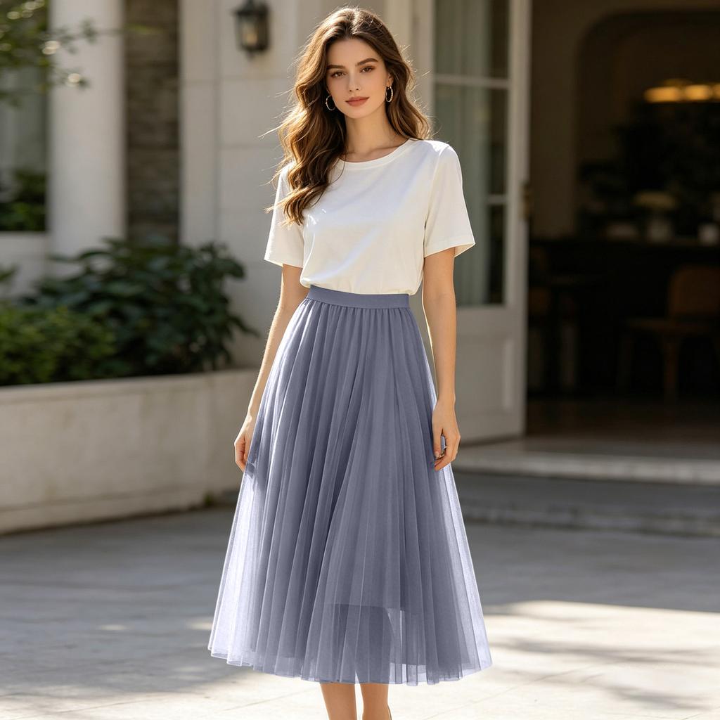 Ladies' Casual And Fashionable Mesh Half Skirt Long Skirt