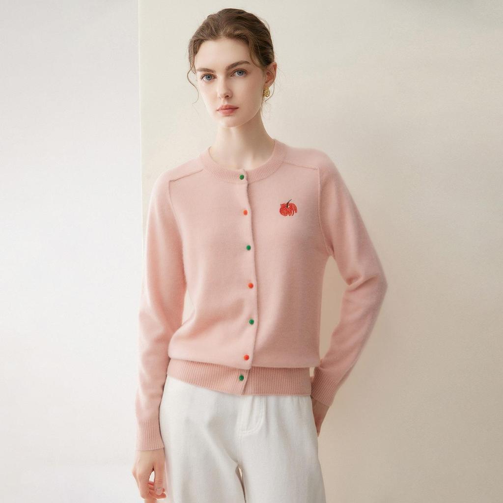 Women's 100% Pure Cashmere Cardigan with Colored Buttons, Round Neck, and Fruit Embroidery.