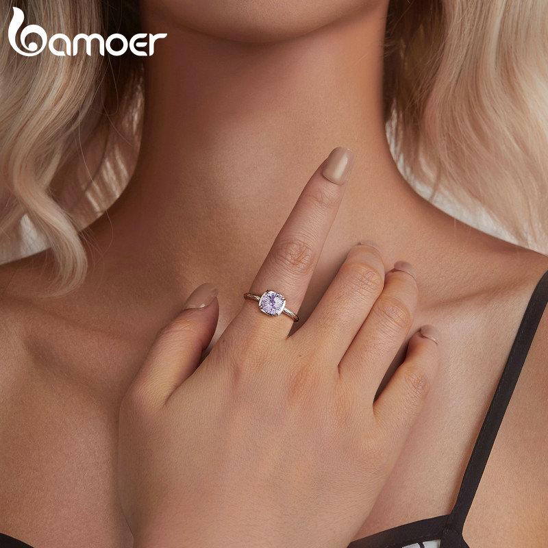 BAMOER 925 Sterling Silver Sparkling Square Gemstone Ring for Women White Gold Plated Pattern Ring Fine Jewelry Gift BSR573