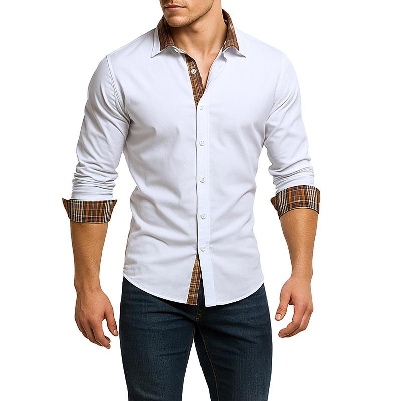 Мужская весенне-летняя новая модная клетчатая повседневная рубашка с контрастной строчкой, с длинным рукавом, универсальная S белый