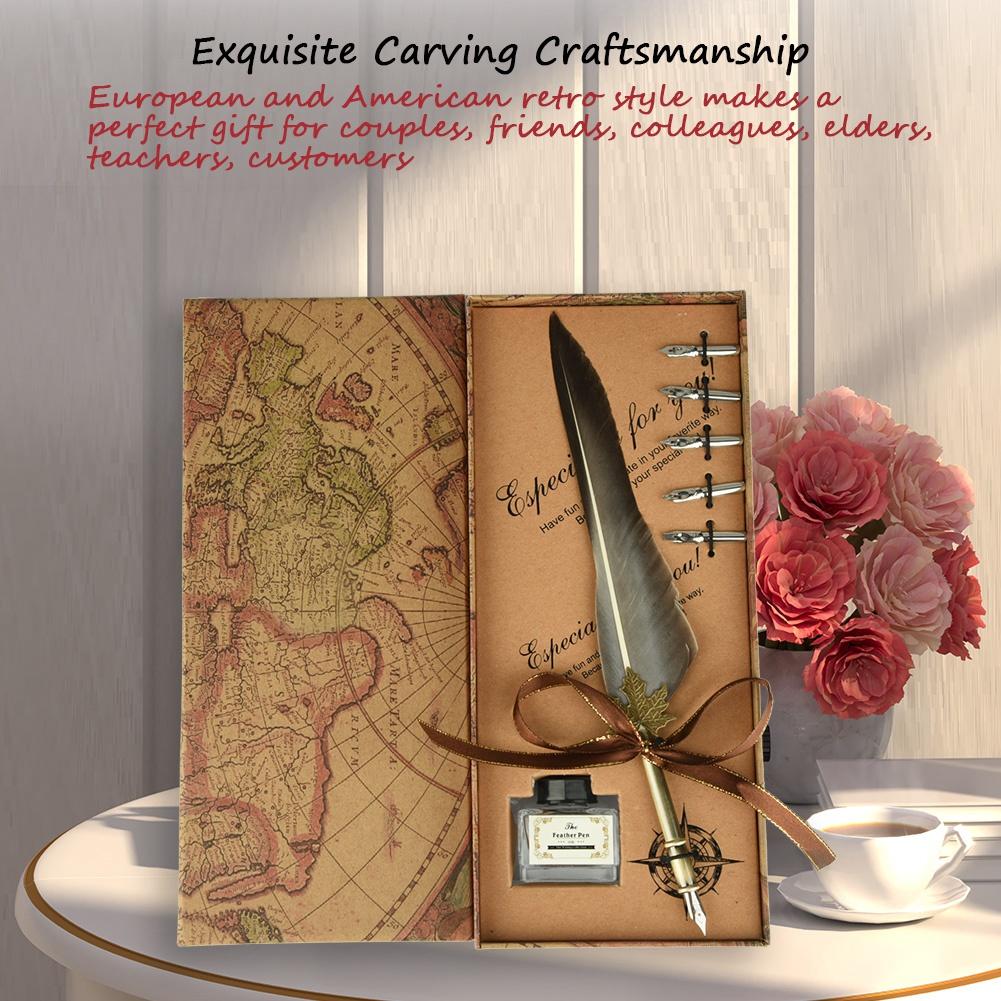 European Retro   Quill Alloy Pen Dip Nib Calligraphy Writing Pen Gift Set With Ink Bottle