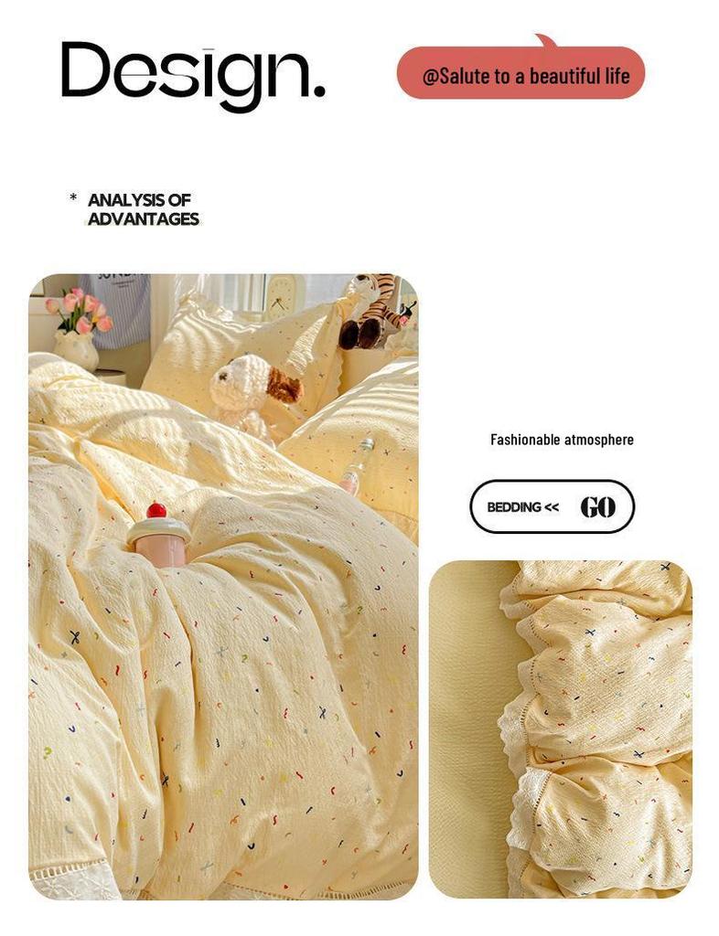 G5Z25 Cloud-Feel 4-Piece Double-Layer Gauze Lace Bedding Set - Washed Cotton Duvet Cover and Bed Sheet, Ins Style.