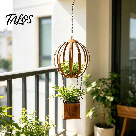 Modern Garden Planter Vintage Hot Air Balloon Iron Planter, Rusted Patina Hanging Flower Pot Decorative Metal Yard Art for Garden, Rustproof