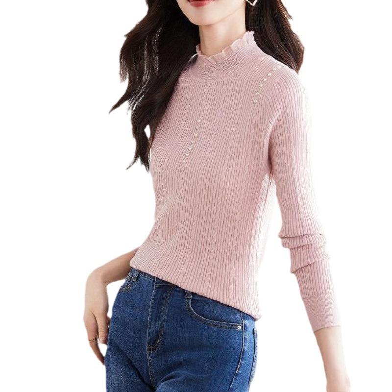 Lace Semi-turtleneck Bottoming Shirt Women's Autumn and Winter Inner Twist Pearl Chic Top Knitted Sweater Women's Long-sleeved Slim-fit