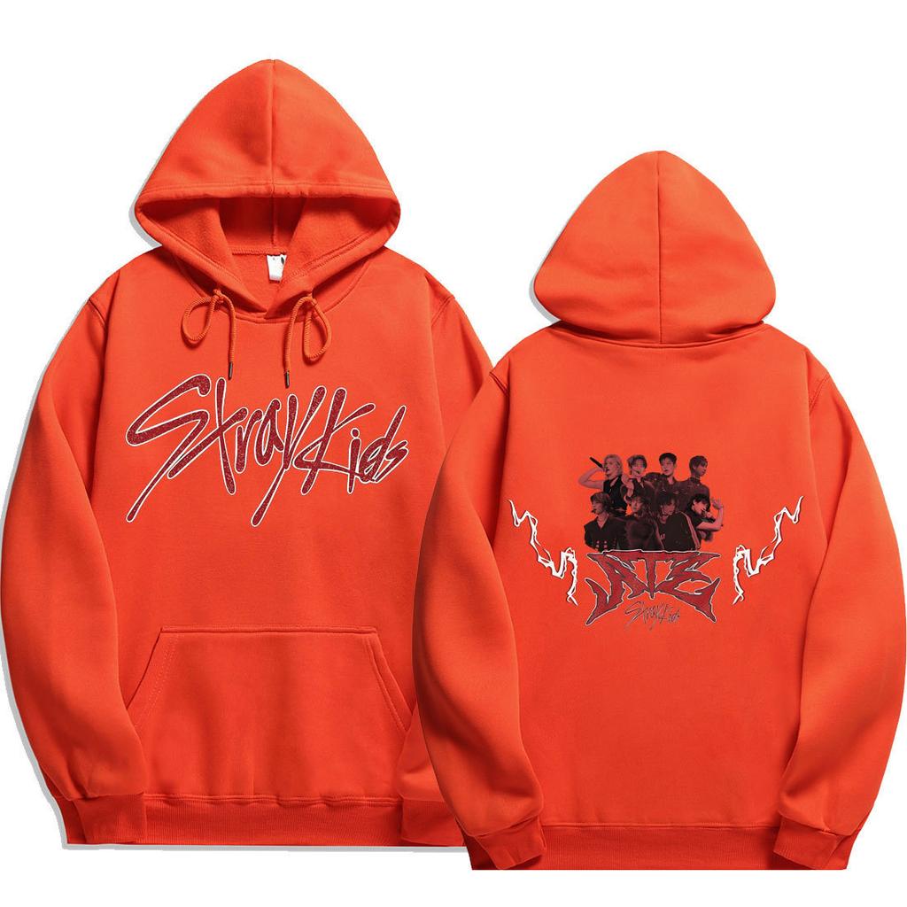 Stray Kids Script Logo ATE Group Lightning Hoodie Stray Kids Members Group Photo with White Lightning & ATE Metal Logo, Oversized K‑Pop Fan Pullover