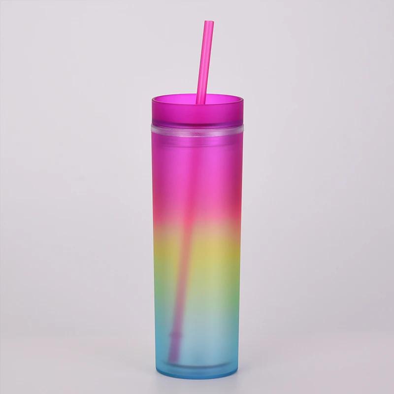 

16 унций градиент радуга узкий пластиковый стакан бутылки для воды прямая чашка двухслойная радуга градиент чашка с соломинкой 450ml
