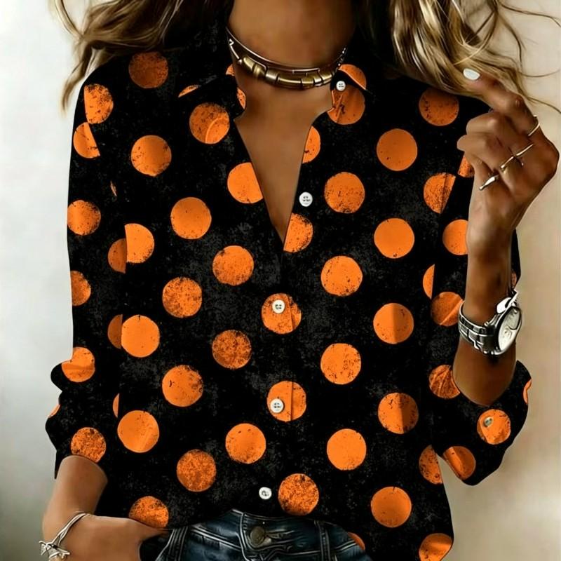 Women Satin Long Sleeve Shirt Big Polka Dot Print Blouse Lapel Single Breasted Loose Office Tops