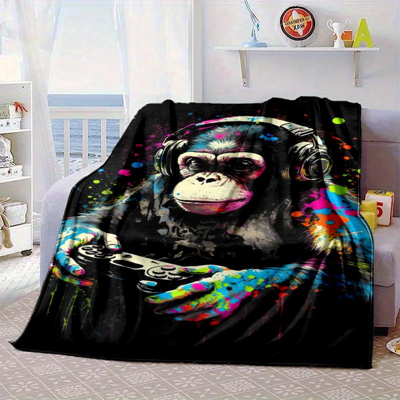 Monkey Music Headphones Blanket Flannel Blanket for bed, sofa, Camping, Hiking, Picnic Essentials, gift for family Fan gifts
