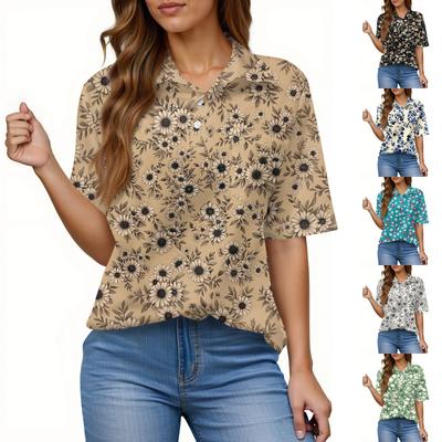 Women's Fashion Casual Button Pocket Shirt Short Sleeve Print Lapel Top