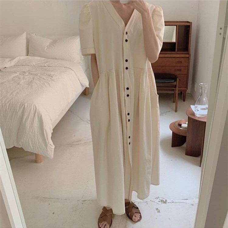 

Women s Knee-Length Dress: Slimming Single-Breasted Design with Puff Sleeves and Halter Neck Collar One Size - Suitable for 80-140 kg