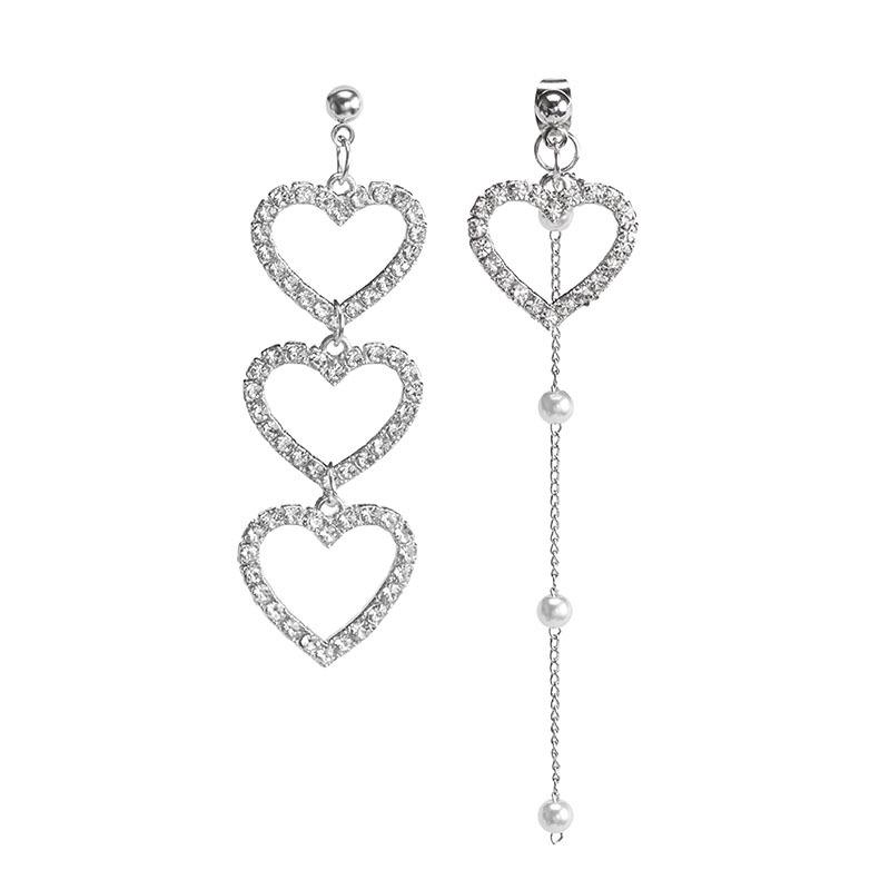 925 Silver Korean Asymmetrical Heart Diamond Pearl Tassel Earrings