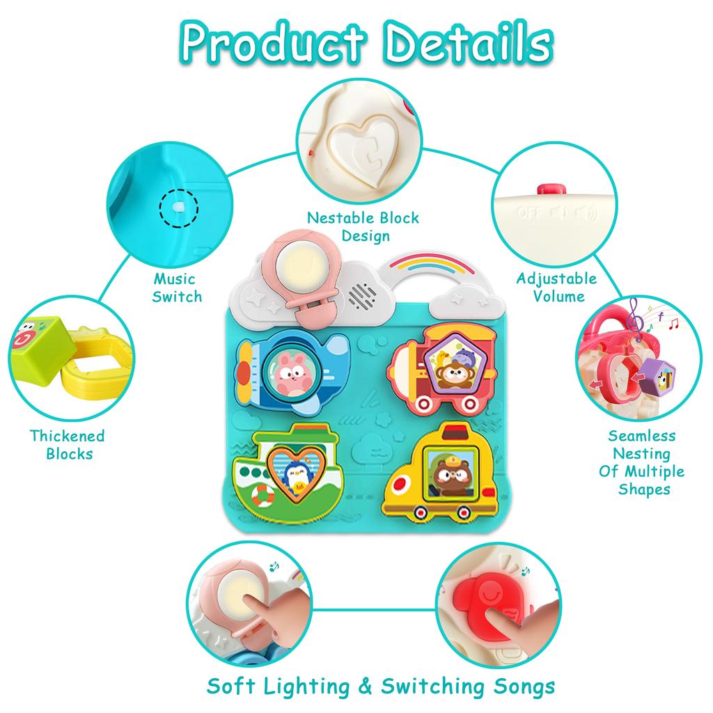 Montessori Busy Board Toy With Music & Light Fun Vehicle Building Blocks Cute Bear Monkey Bunny Matching Toys For Toddlers Kids