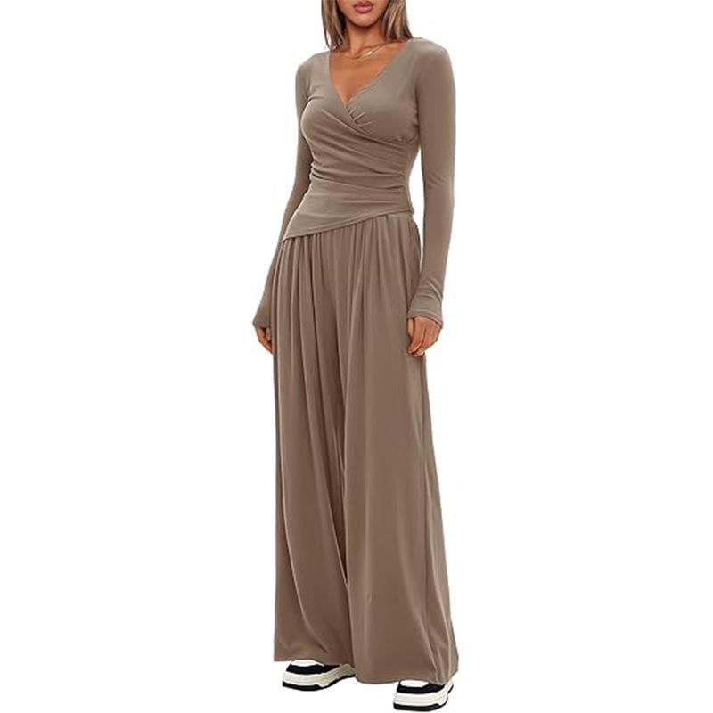 Solid Color V-Neck Knit 2-Piece Set: Long Sleeve Top & Wide Leg Pants