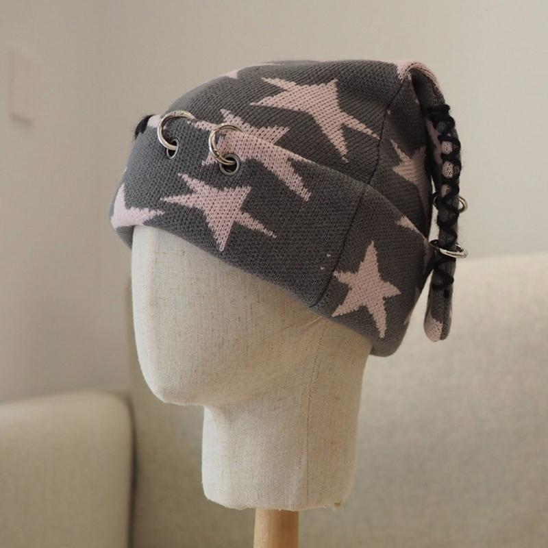 Lovely Bunnies Ear Knitted Hat Star Pattern Winter Hat Outdoor Softable Warm Hat for Winter Warmth