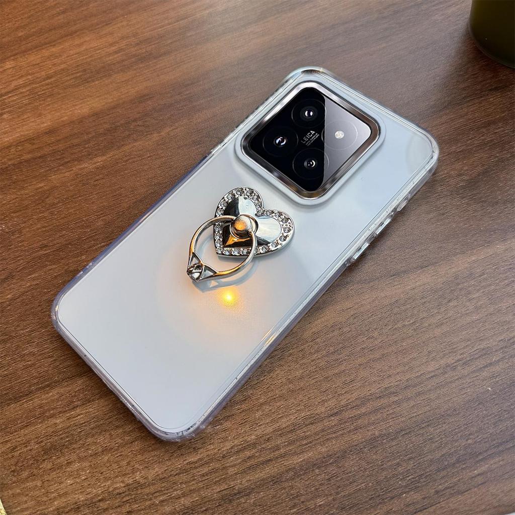 Luxury Bling Rhinestone Heart Ring Bracket Clear Phone Case for Xiaomi 14 Pro Stand Cover
