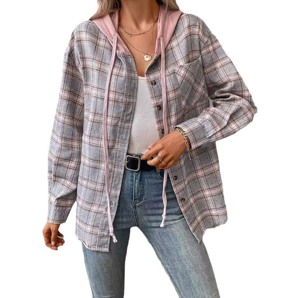 Women's Hooded Blouses Coat Autumn Fashion Loose Plaid Pockets Casual Shirts Women Streetwear Tops Jacket Clothing