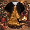 Women's V-Neck Short Sleeve Work Shirt with Christmas Print, Pockets and Side Slits