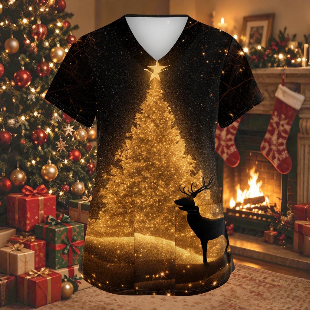 Women's V-Neck Short Sleeve Work Shirt with Christmas Print, Pockets and Side Slits