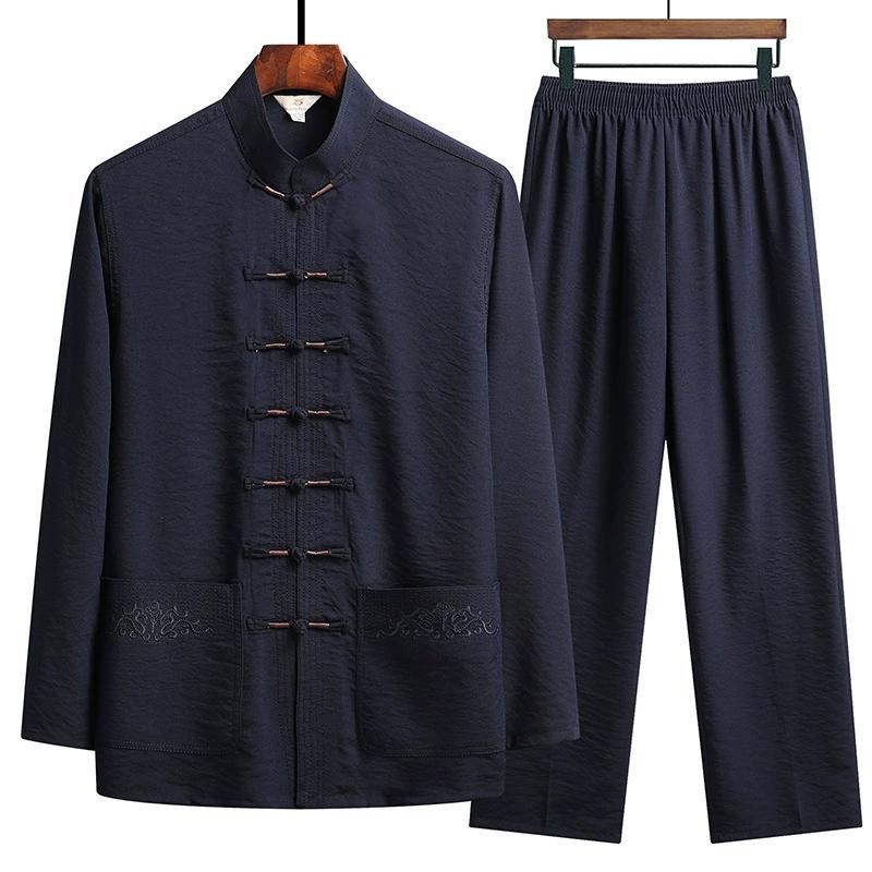 Chinese Traditional Clothing Set Man Fall Linen Buckle Kung Fu Shirt Oriental Retro Top+ Pants Tai Chi Breathable Uniforms Hanfu 2 Pieces Set