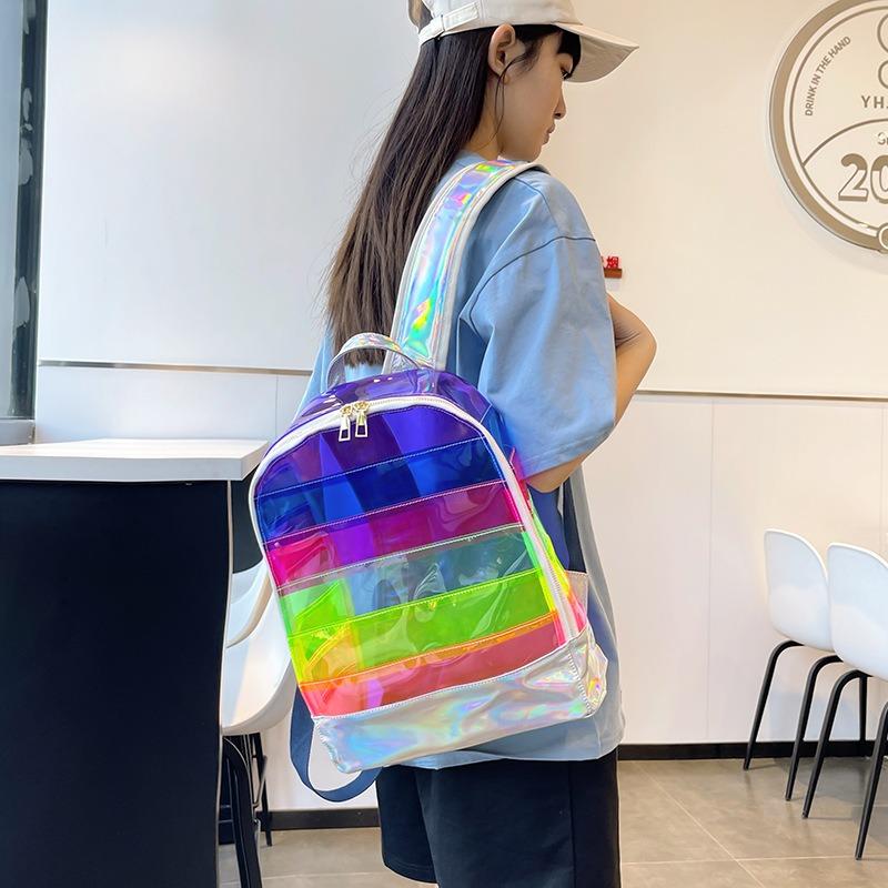 Zaino in PVC trasparente da donna, jelly, a righe, patchwork, laser, borsa da scuola, zaino alla moda per studenti di scuola media, borsa da spiaggia
