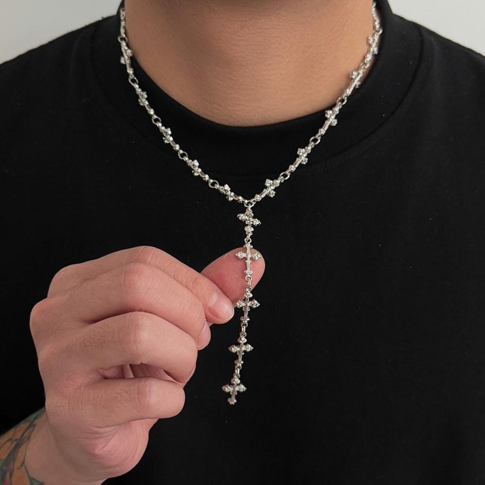Silberfarbene Y-förmige Kreuz-Quasten-Halskette für Herren Damen Mode Hip Hop Punk Stil Lange Schlüsselbein-Kette Party Schmuck Geschenke