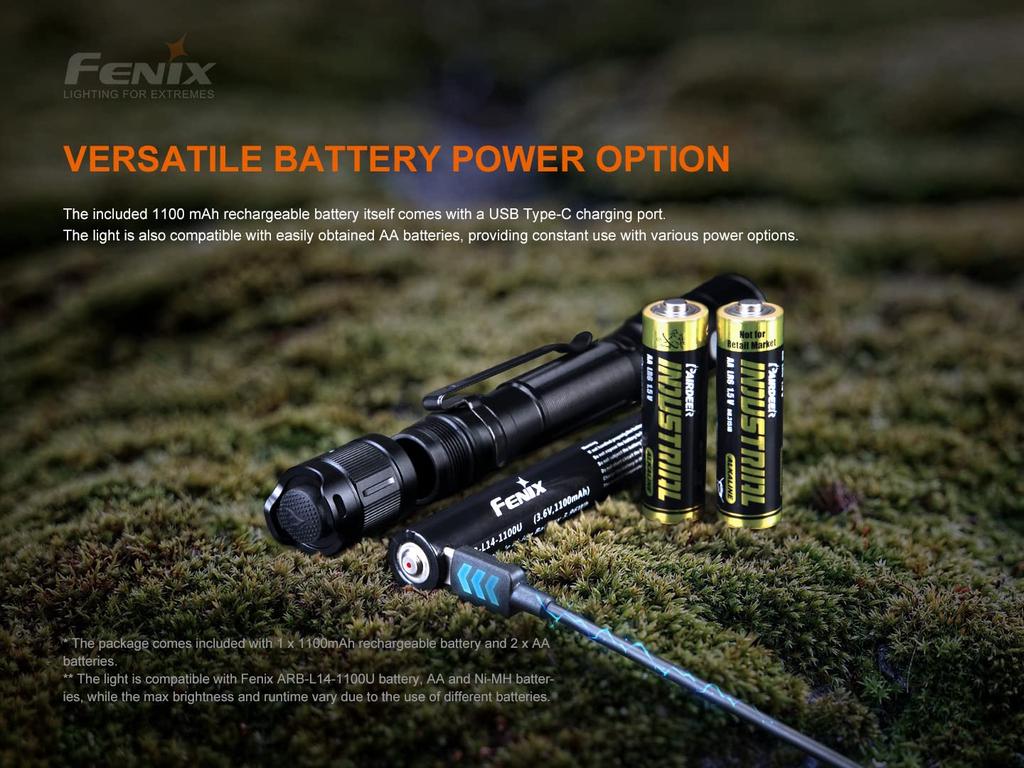Fenix LD22 Max 800 AA Battery Aluminum IP68 Dustproof and Waterproof V2.0 Flashlight, Lumens, USB-C Rechargeable, Compatible, Alloy,
