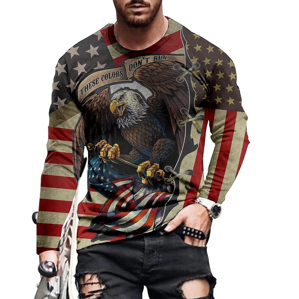 Spring and Autumn Round Neck 3D American Flag & Eagle Printed Top Fashionable Casual Long Sleeved Men's T-shirts