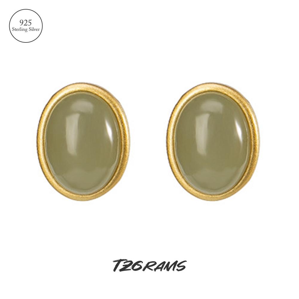 

925 Стерлинговое серебро Золото Позолоченные Простые Серьги-гвоздики Инкрустация Нефрит Классические Ретро Овальные Серьги Гладкие Ювелирные Изделия Подарок