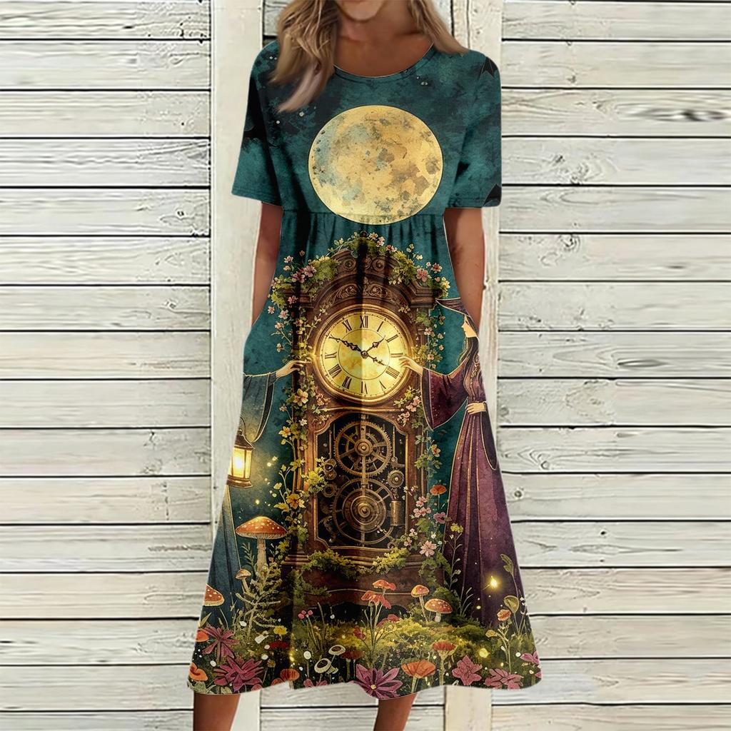 Women's Casual Halloween Print Round Neck Dress with Pockets for Festive Occasions