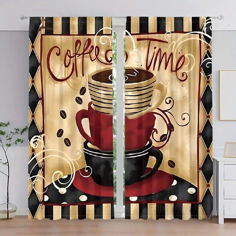 

2PCS- Colorful coffee geometric pattern printed curtains, window decorations, home decorations, room decorations 29Wx64L(75x166CM)x2