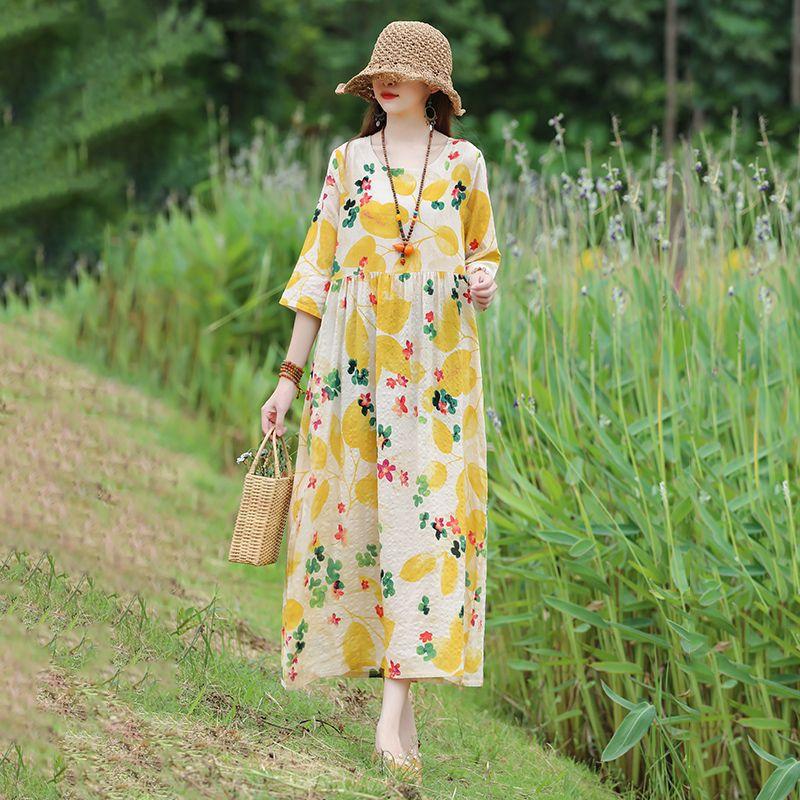 

Summer new women s clothing pullover loose dress light and breathable cool summer five-quarter sleeve women s dress S жёлтый
