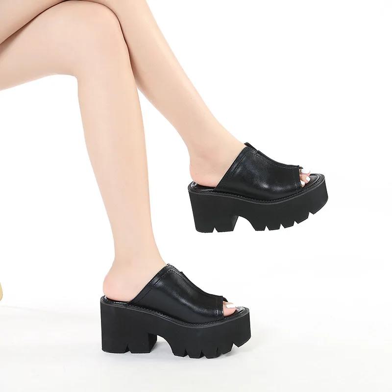 Fashion Big Size 43 Open Head Block Heel Chunky Platform Slippers Women Summer Shoes Mules Slingback Muffin Bottom Black Leather